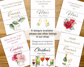 Personalised Hen Party or Wedding favours, fun drink shimmers, various designs
